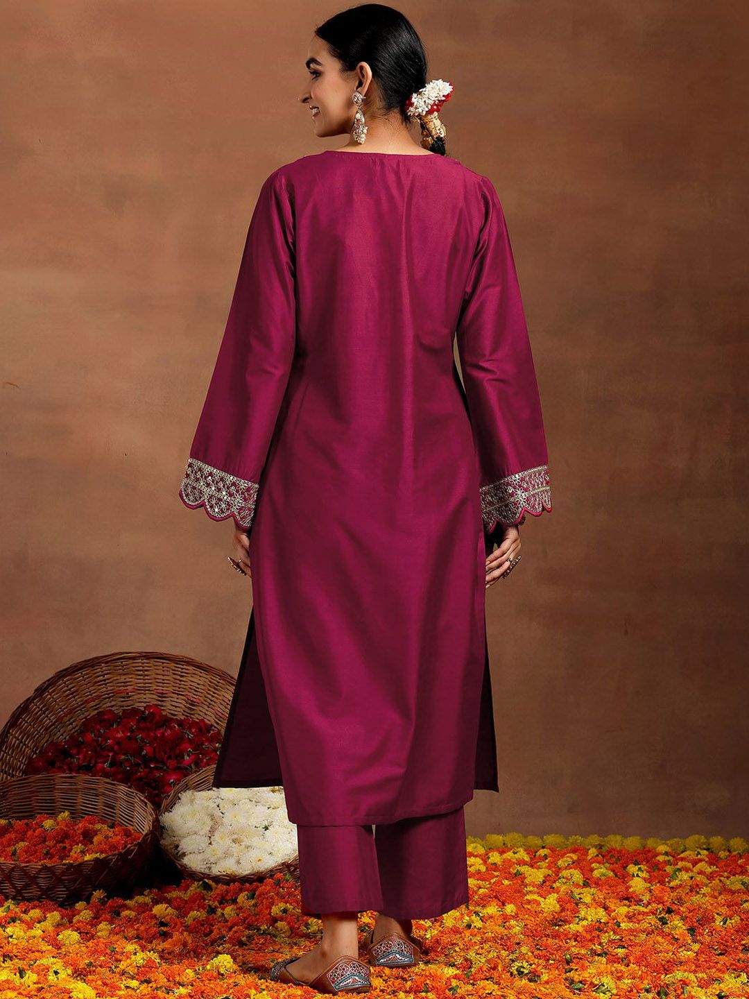 Gerua By Libas Women Floral Yoke Design Pleated Kurta with Trousers