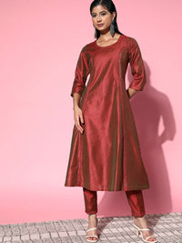 Shae by SASSAFRAS Women Rust Marron Embroidered Mirror Work Kurta with Trousers