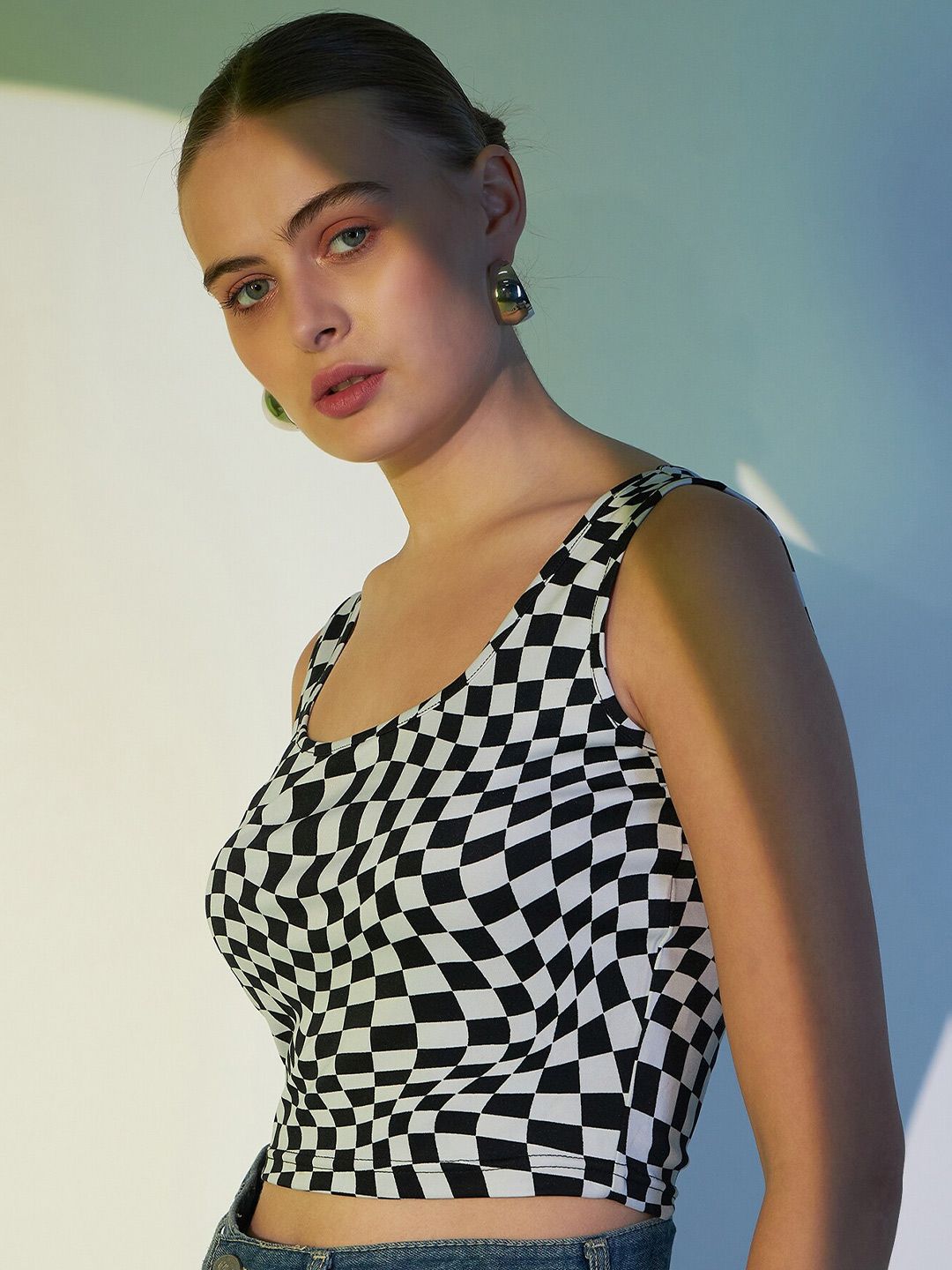Berrylush White Geometric Printed Shoulder Strap T-shirt