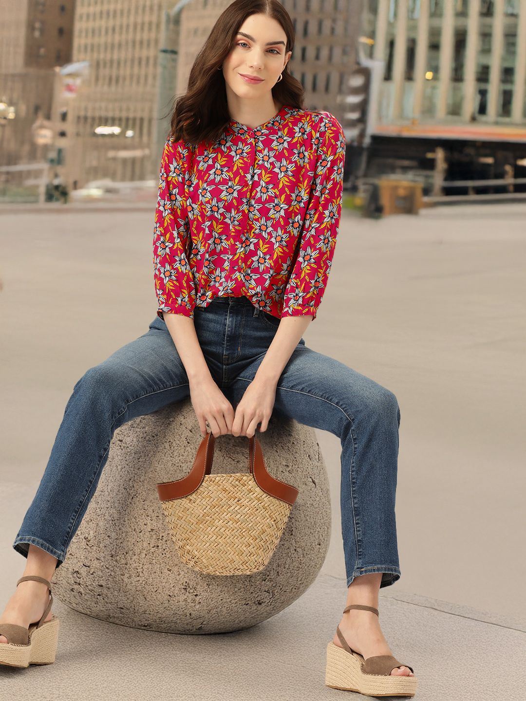 DressBerry Floral Print Mandarin Collar Puff Sleeves Shirt Style Top