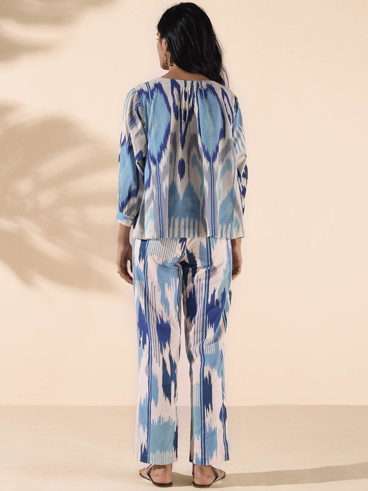 trueBrowns Malang Ikat Printed Pure Cotton V-Neck Top With Trousers