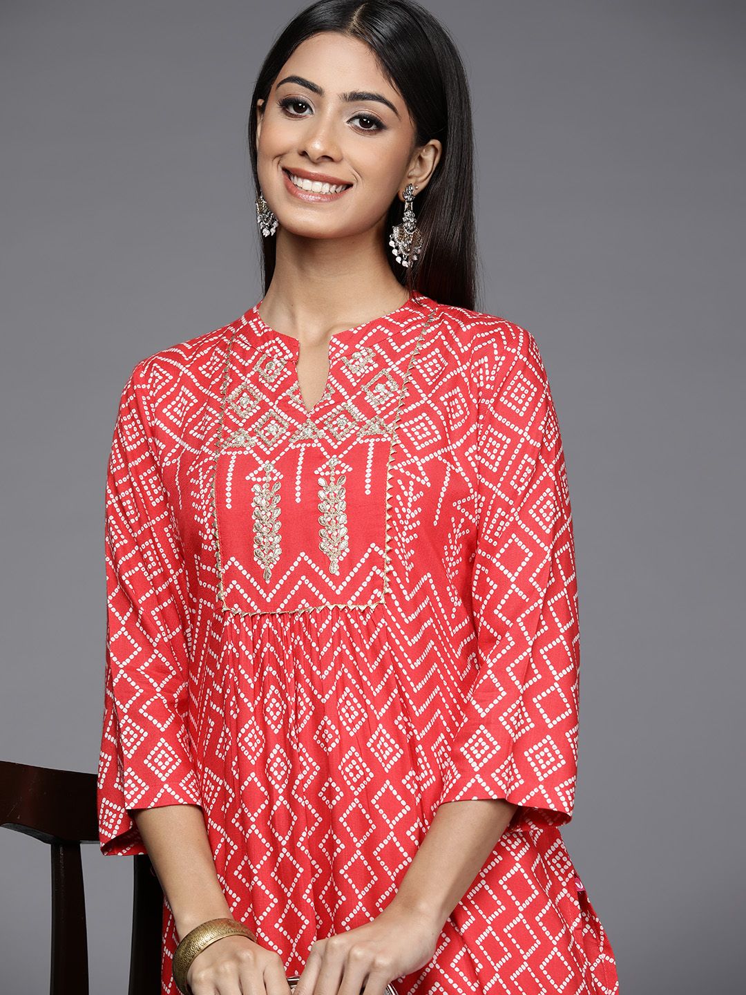 Varanga Women Red & White Bandhani Printed Gotta Patti Indie Prints Kurta