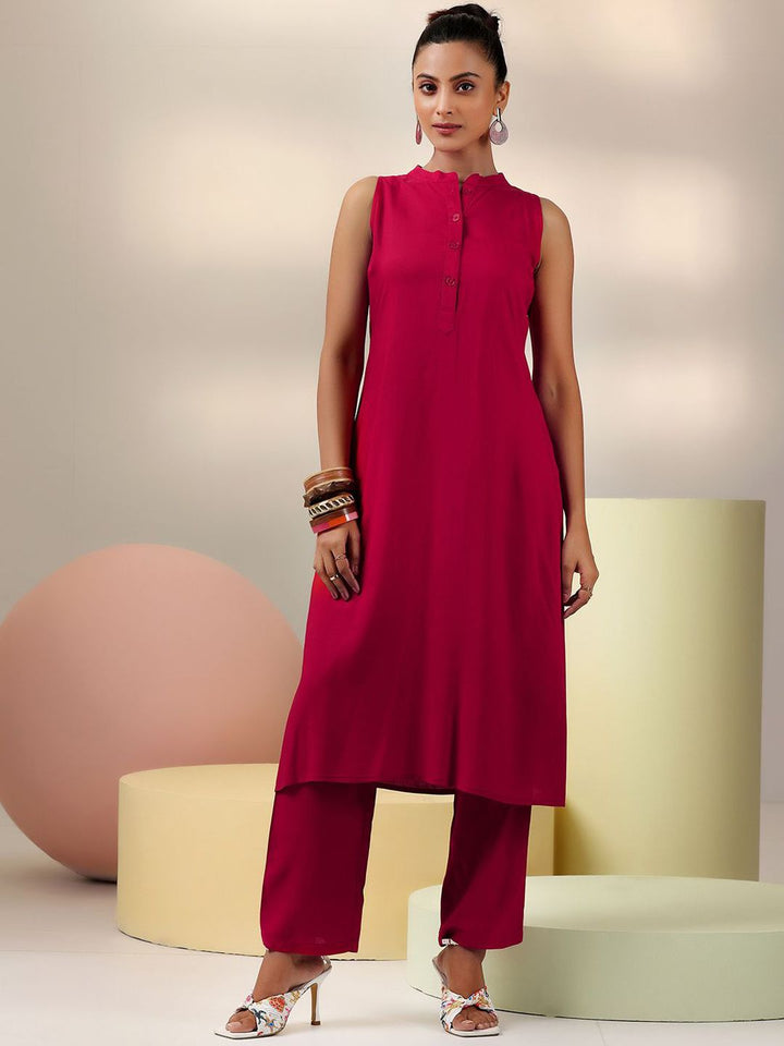 Libas Red Mandarin Collar Tunic & Trousers