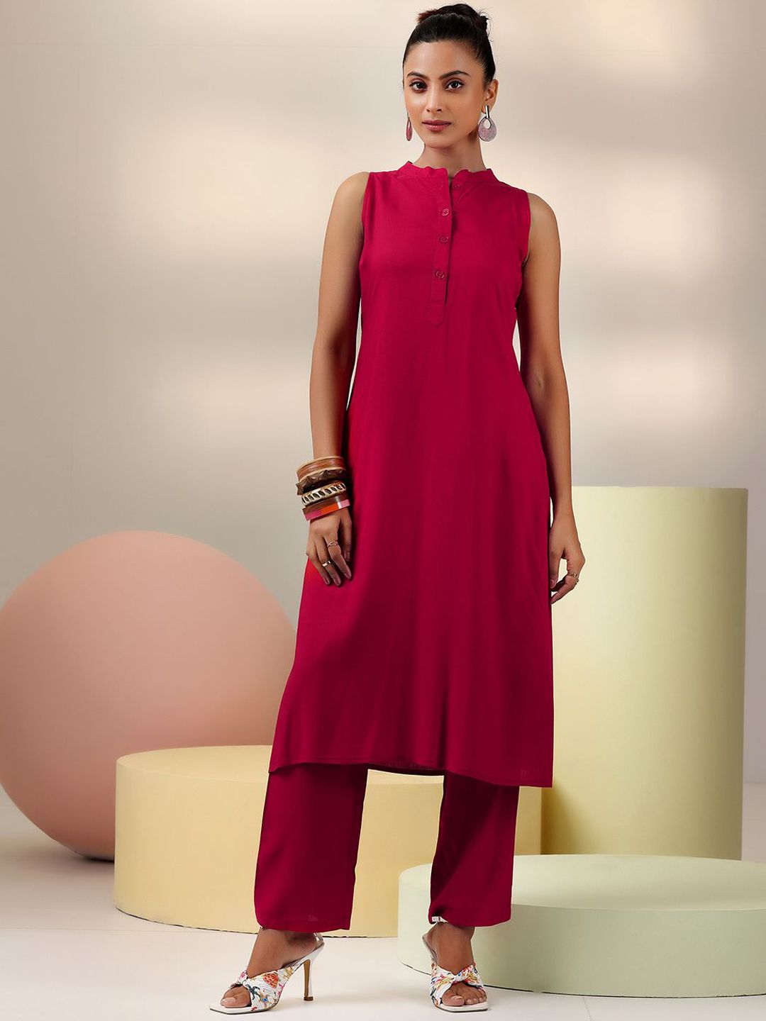 Libas Red Mandarin Collar Tunic & Trousers