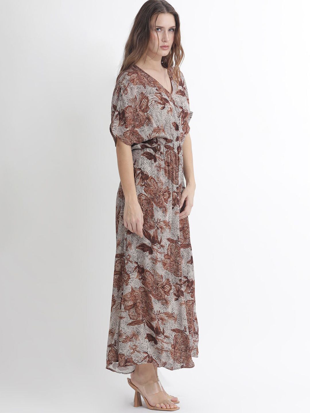 Rareism Abstract Printed V-Neck Fit and Flare Maxi Dress