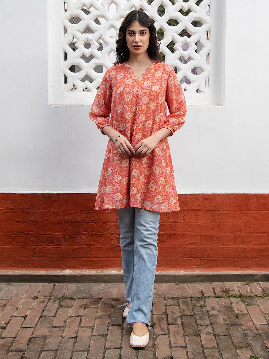 Janasya Women Orange Georgette Floral Printed Regular Tunic