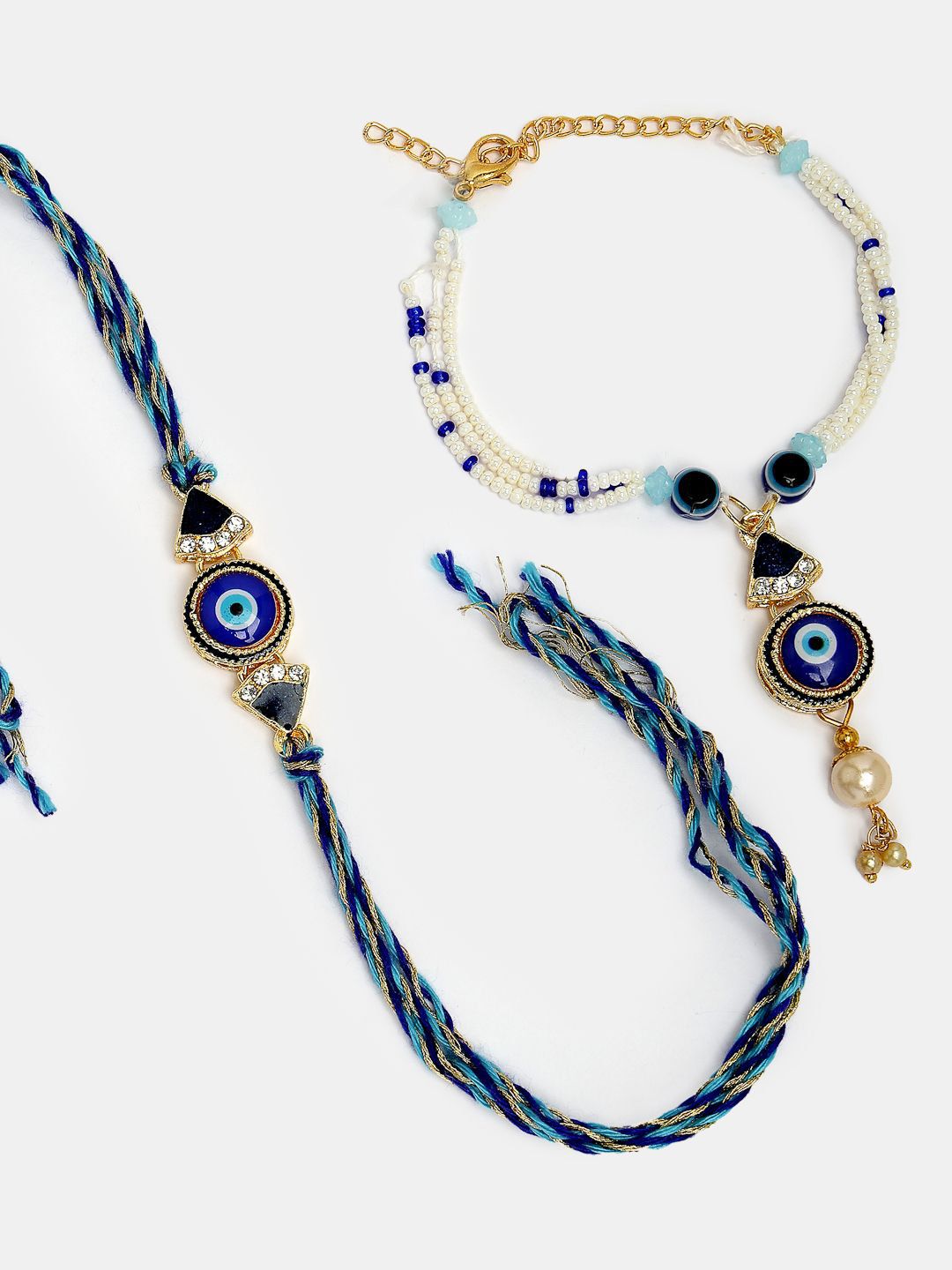 NVR Set of 2 Evil Eye Stone-Studded & Beaded Bhaiya Bhabhi Rakhi with Roli Chawal