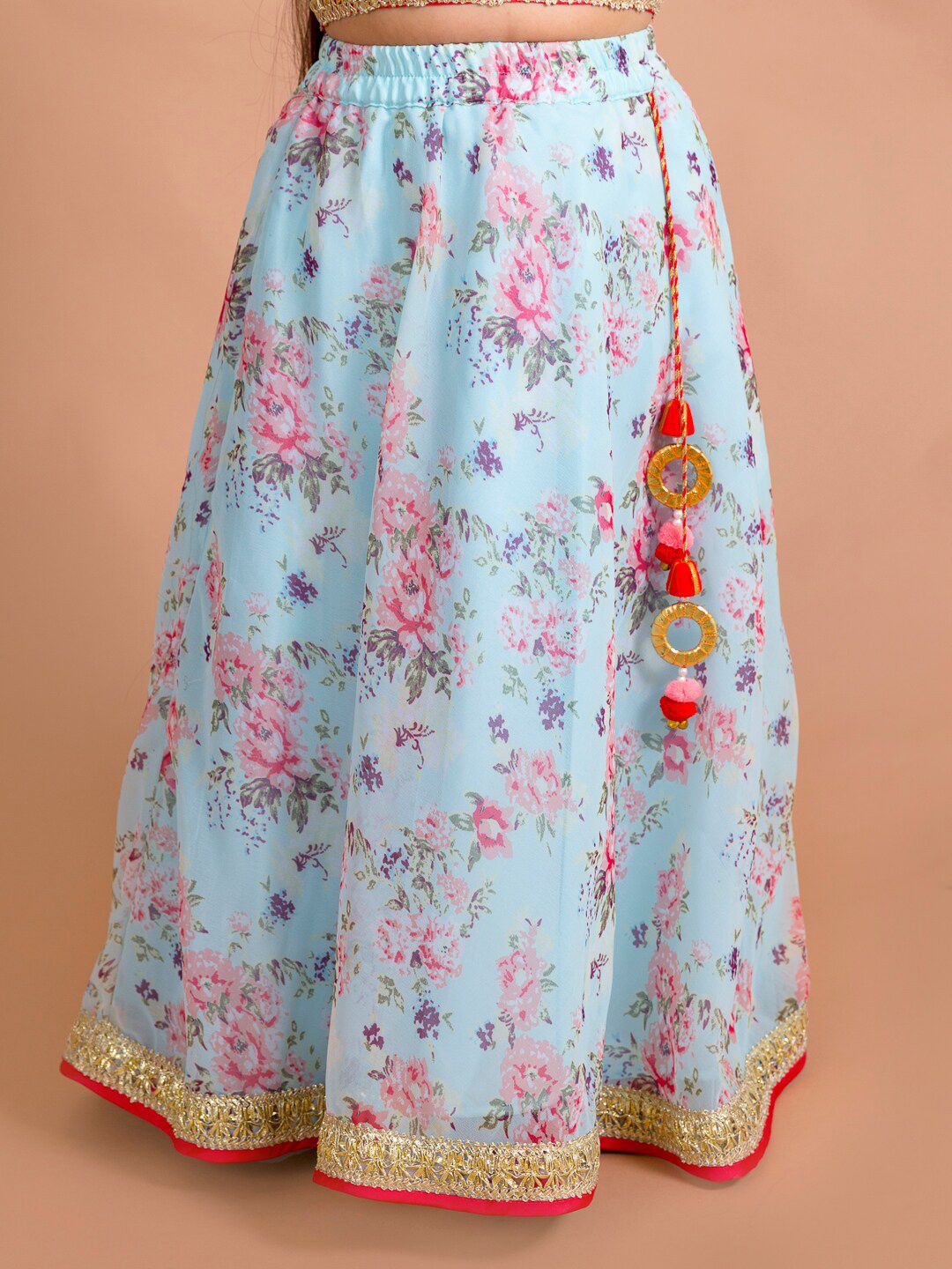 Ps Peaches Girls Red & Blue Floral Lehenga Choli Set
