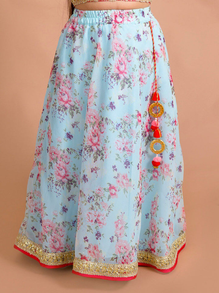 Ps Peaches Girls Red & Blue Floral Lehenga Choli Set