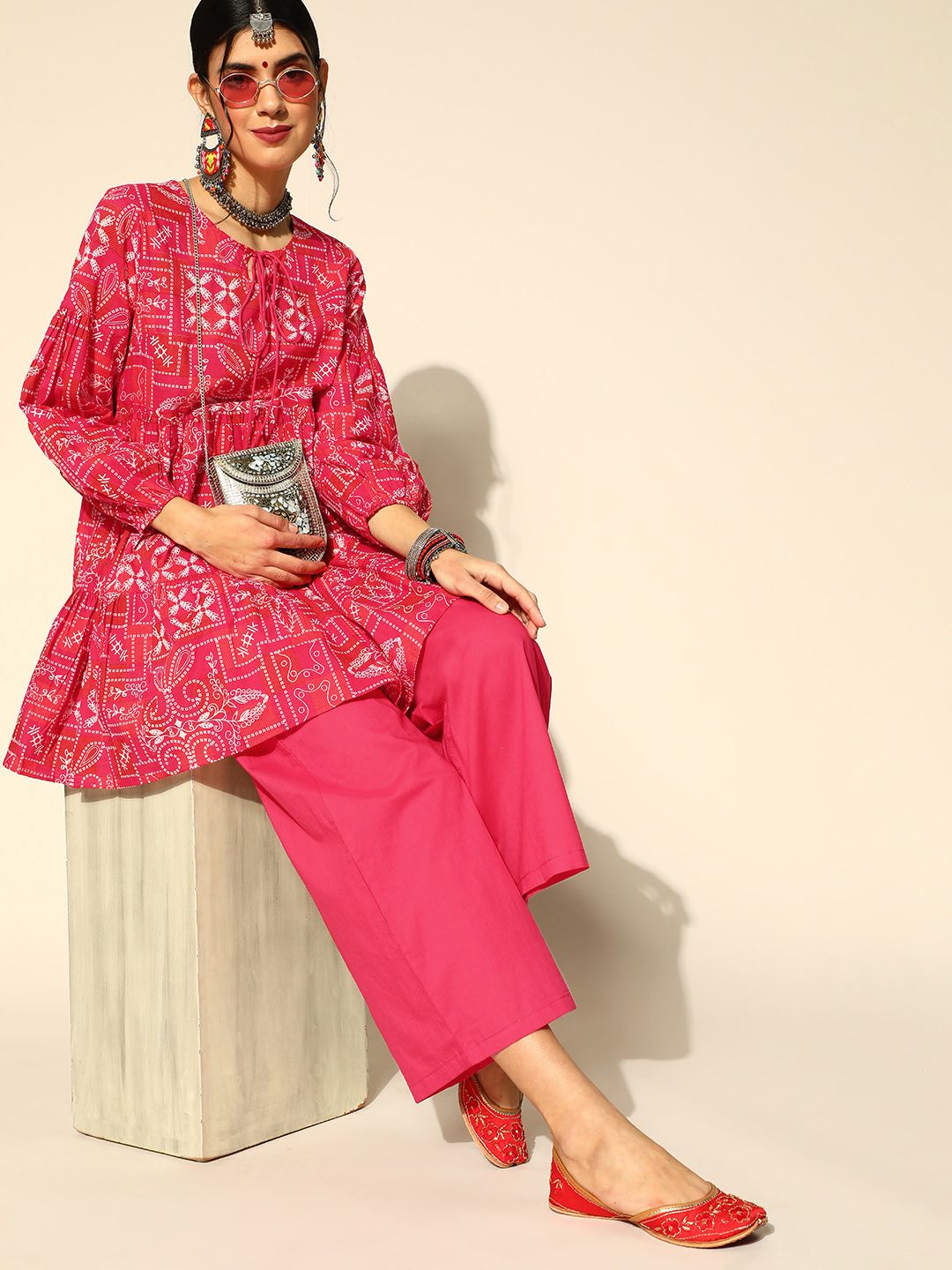 Anouk Pink Ethnic Printed Tunic with Trousers