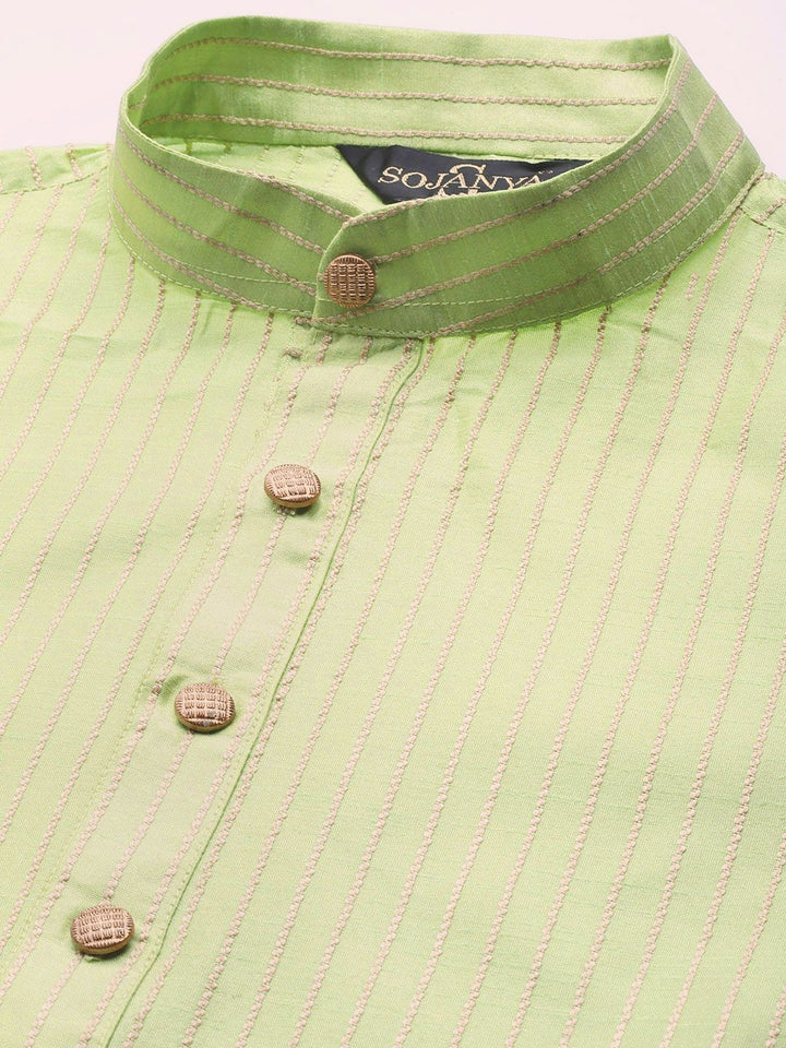 SOJANYA Men Green & Beige Striped Thread Work Straight Kurta Churidar Nehru Jacket