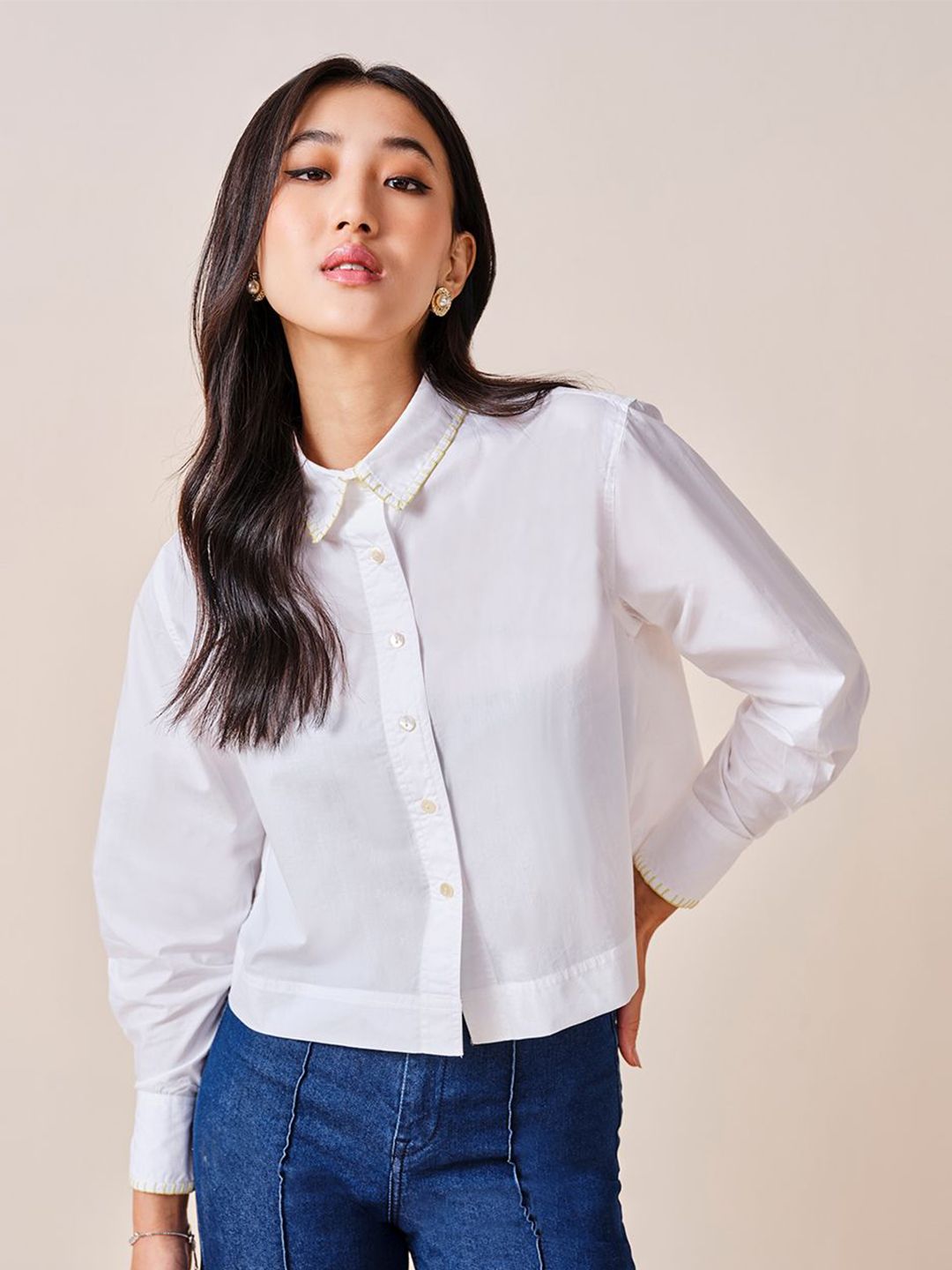 AND Women Solid Cotton Long Sleeves Shirt Style Top
