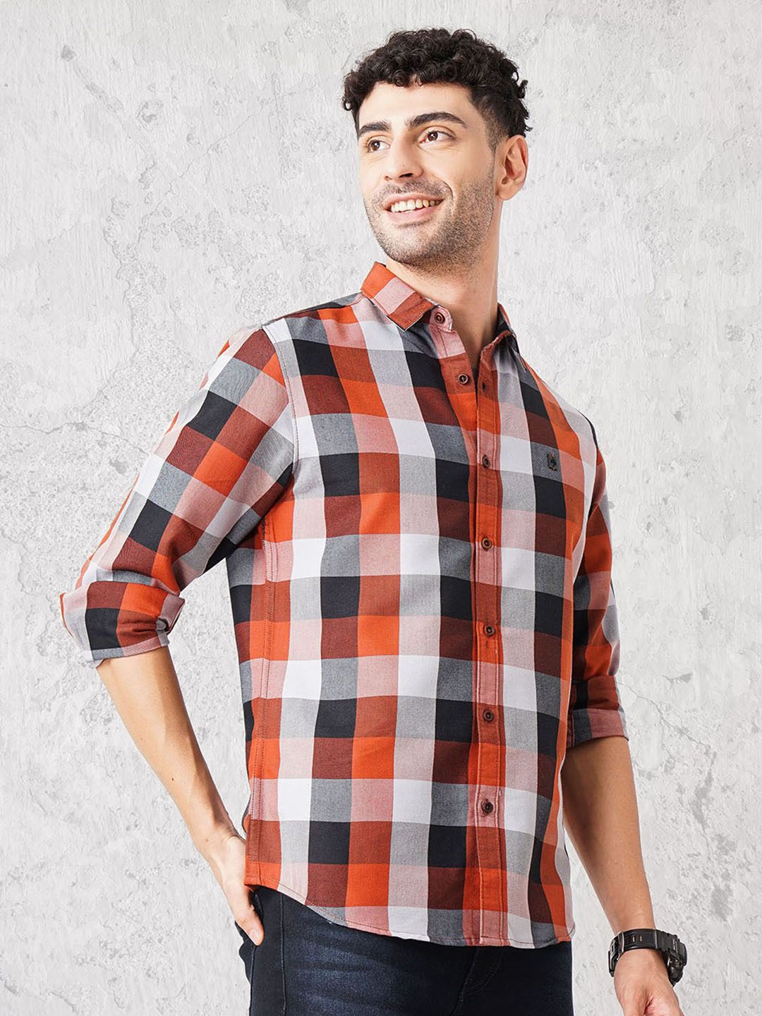 The Indian Garage Co Men Rust Red & Black Checked Pure Cotton Casual Shirt