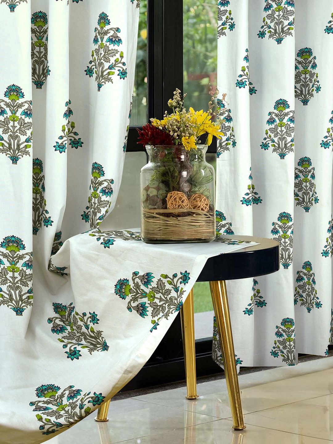 Cortina Grey & White 2 Pieces Floral Printed Cotton Window Curtains