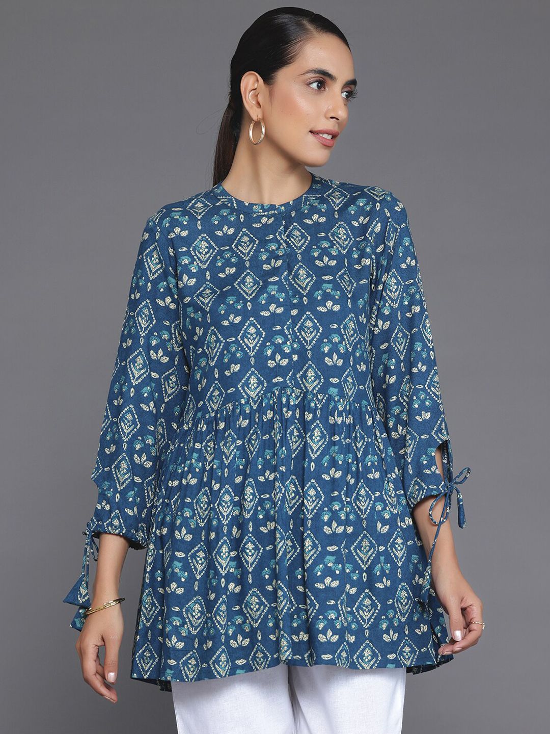 Libas Ethnic Motifs Printed Mandarin Collar Tie Up A-Line Kurti