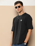 Difference of Opinion Men Black Solid Cotton Drop-Shoulder Oversized Fit T-shirt