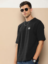 Difference of Opinion Men Black Solid Cotton Drop-Shoulder Oversized Fit T-shirt