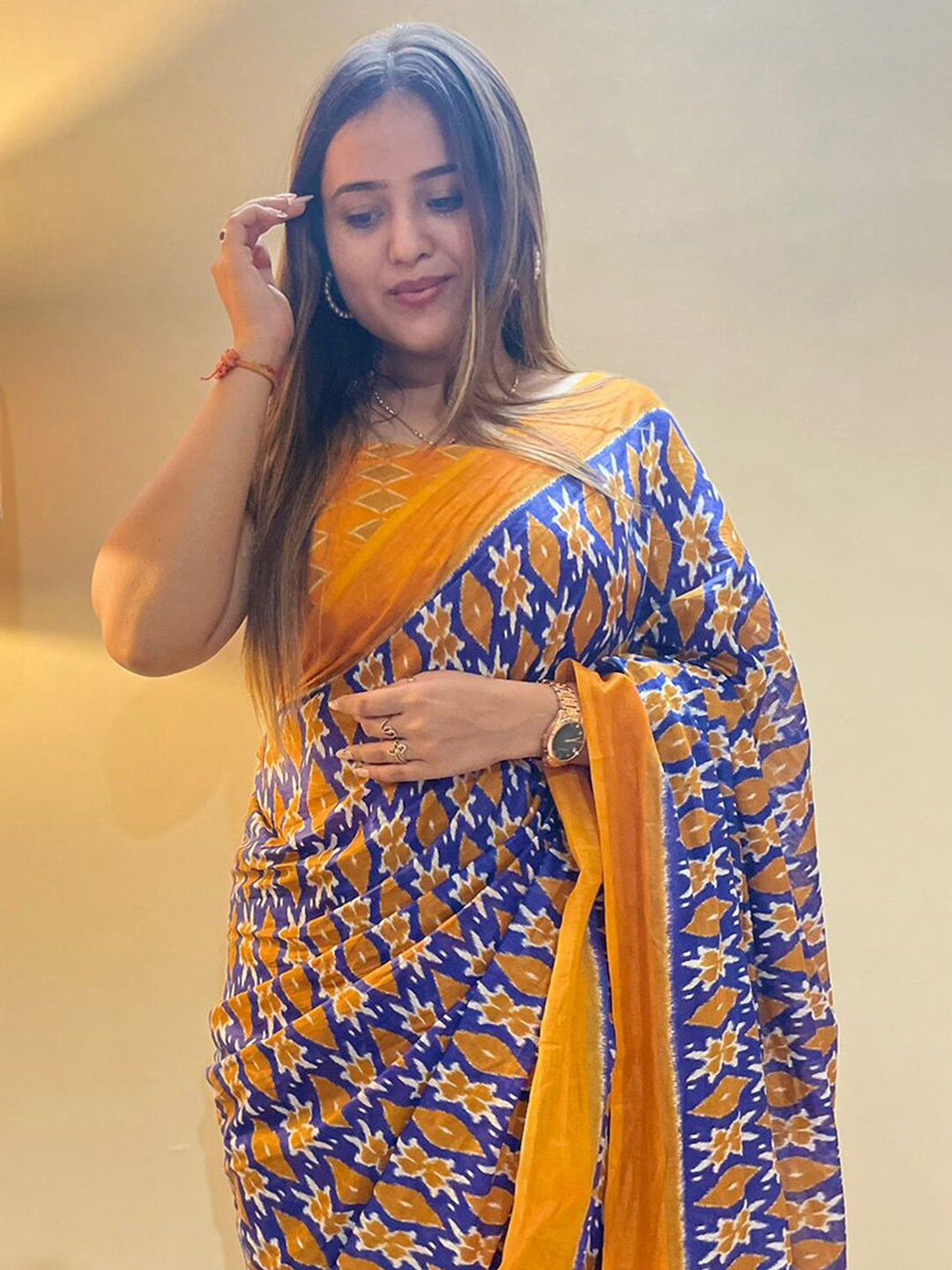 Saree mall Blue & Yellow Ethnic Motifs Printed Pure Cotton Ikat Sarees