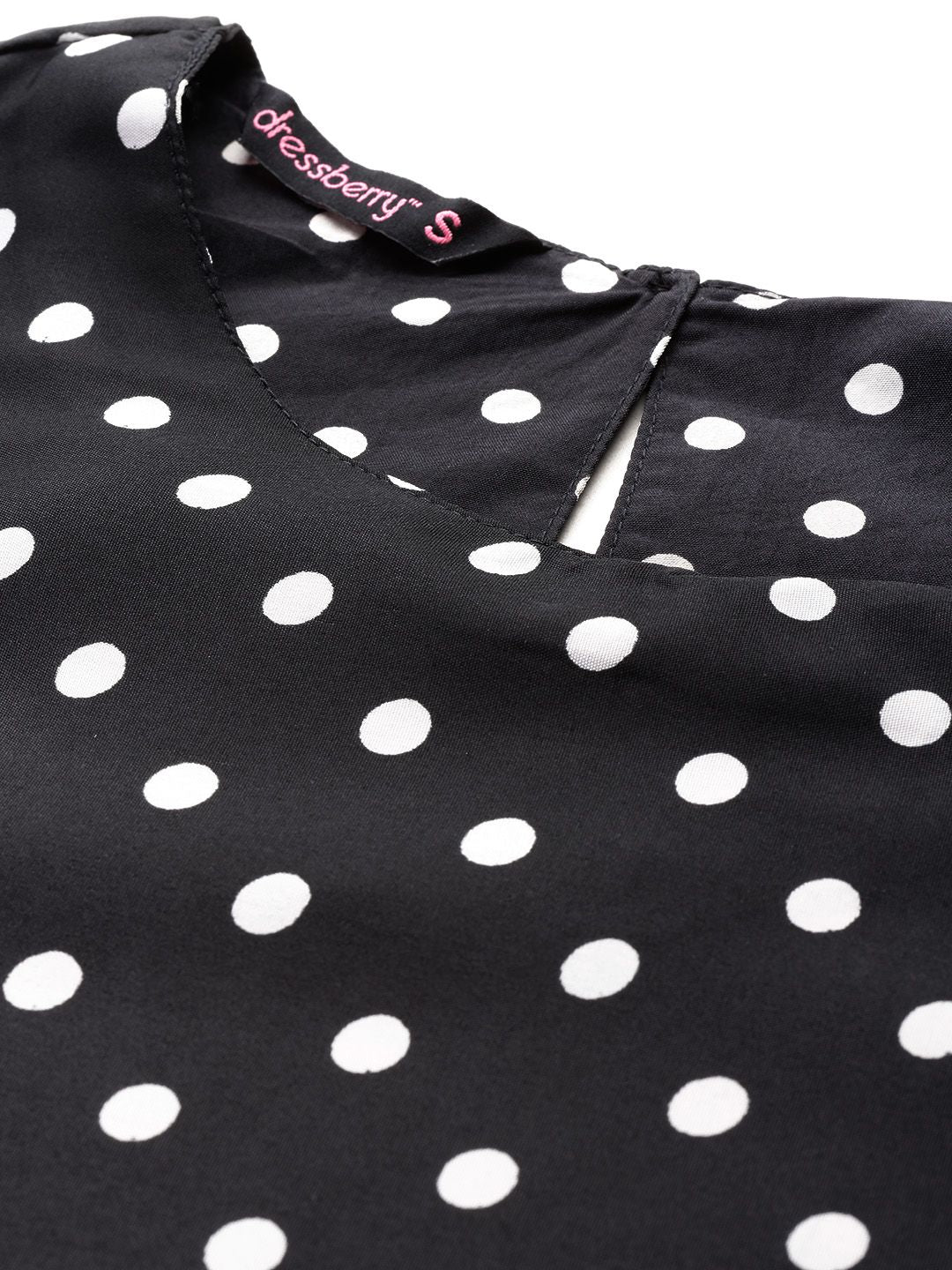 DressBerry Polka Dots Print Puff Sleeves A-Line Dress