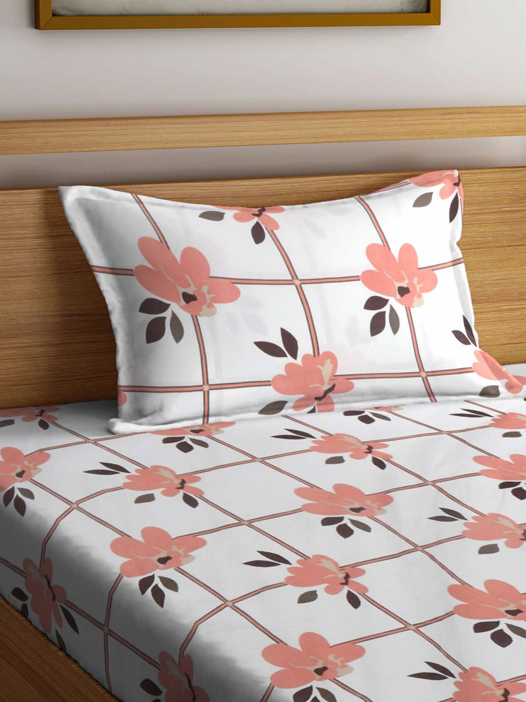 KLOTTHE White Floral Cotton 300 TC Fitted Single Fine Bedsheet with a Pillow Cover-59 x 89 inches