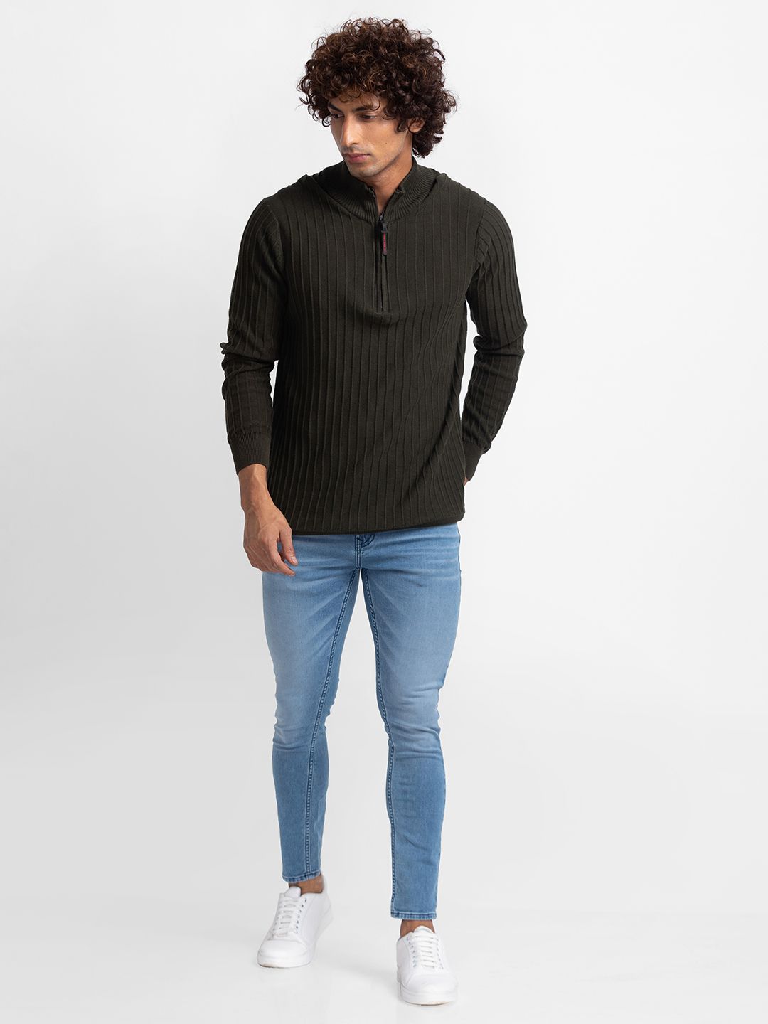 SPYKAR Pure Cotton Mock Collar Cable Knit Pullover Sweater