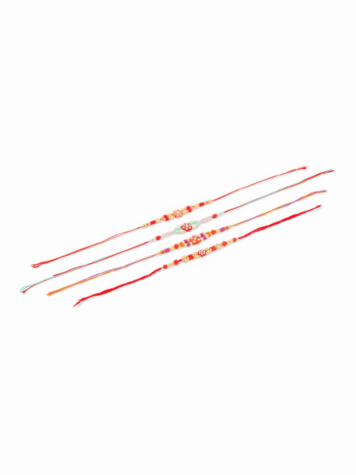 NVR Unisex Set of 4 Floral Artificial Stones and Beads Thread Rakhi With Roli Chawal