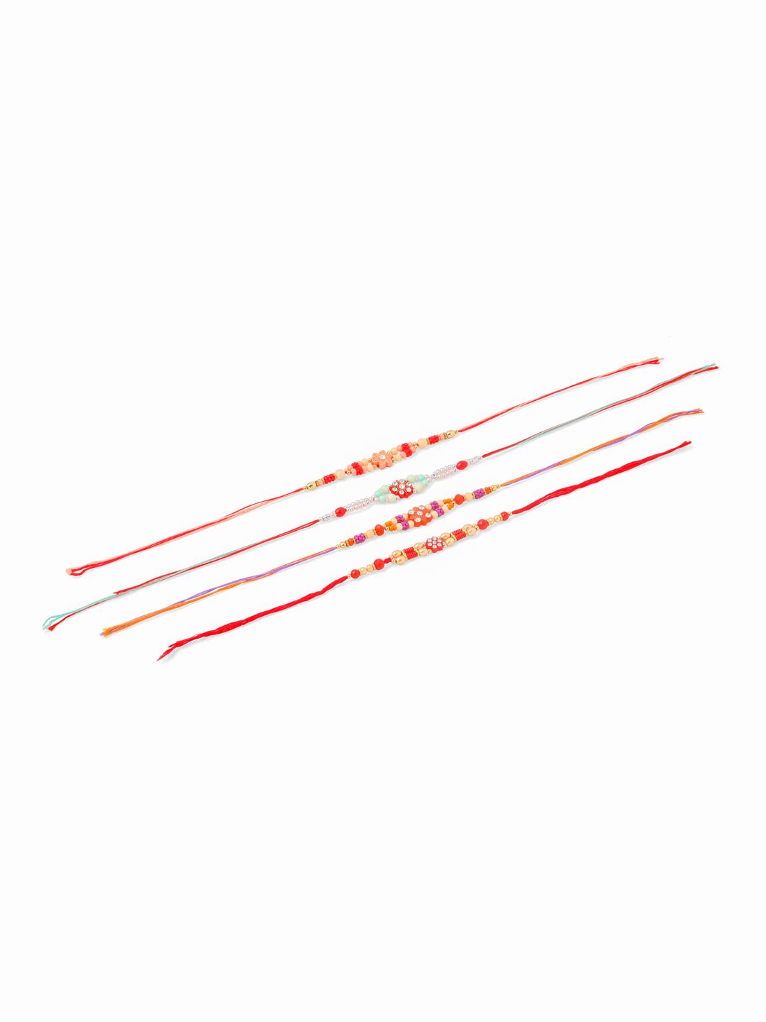 NVR Unisex Set of 4 Floral Artificial Stones and Beads Thread Rakhi With Roli Chawal