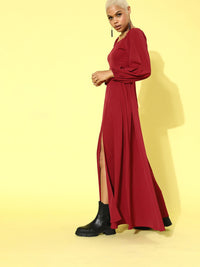 Berrylush Women Gorgeous Red Solid Puff Sleeves Dress