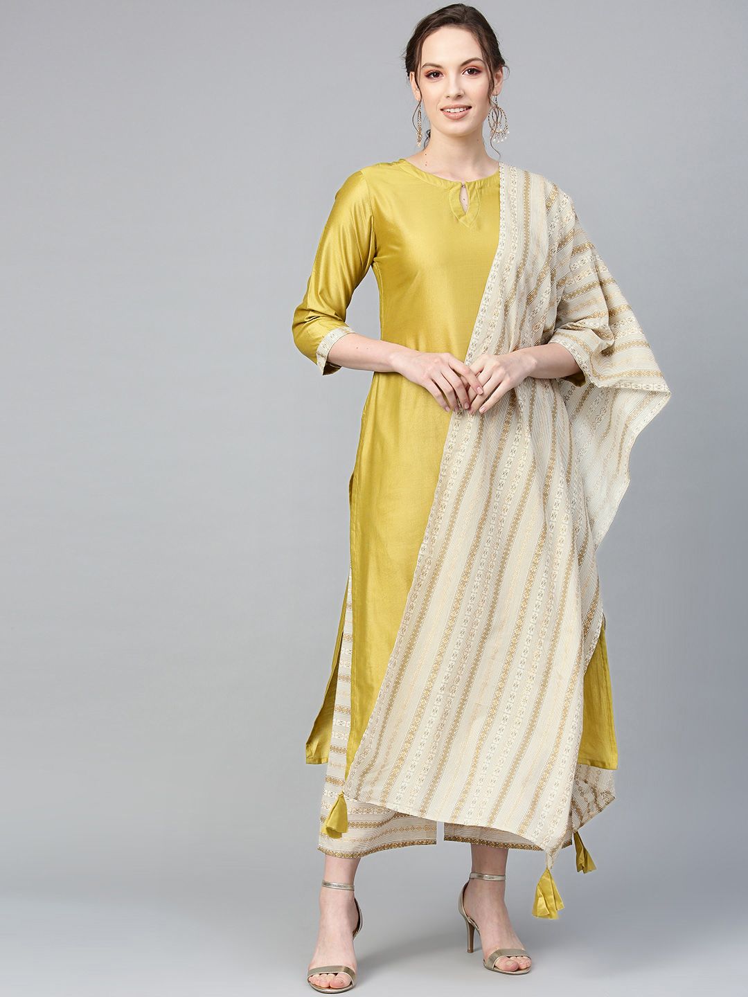 Indo Era Muted Dandelion Ethnic Stripes Keyhole Kurta Set with Stole