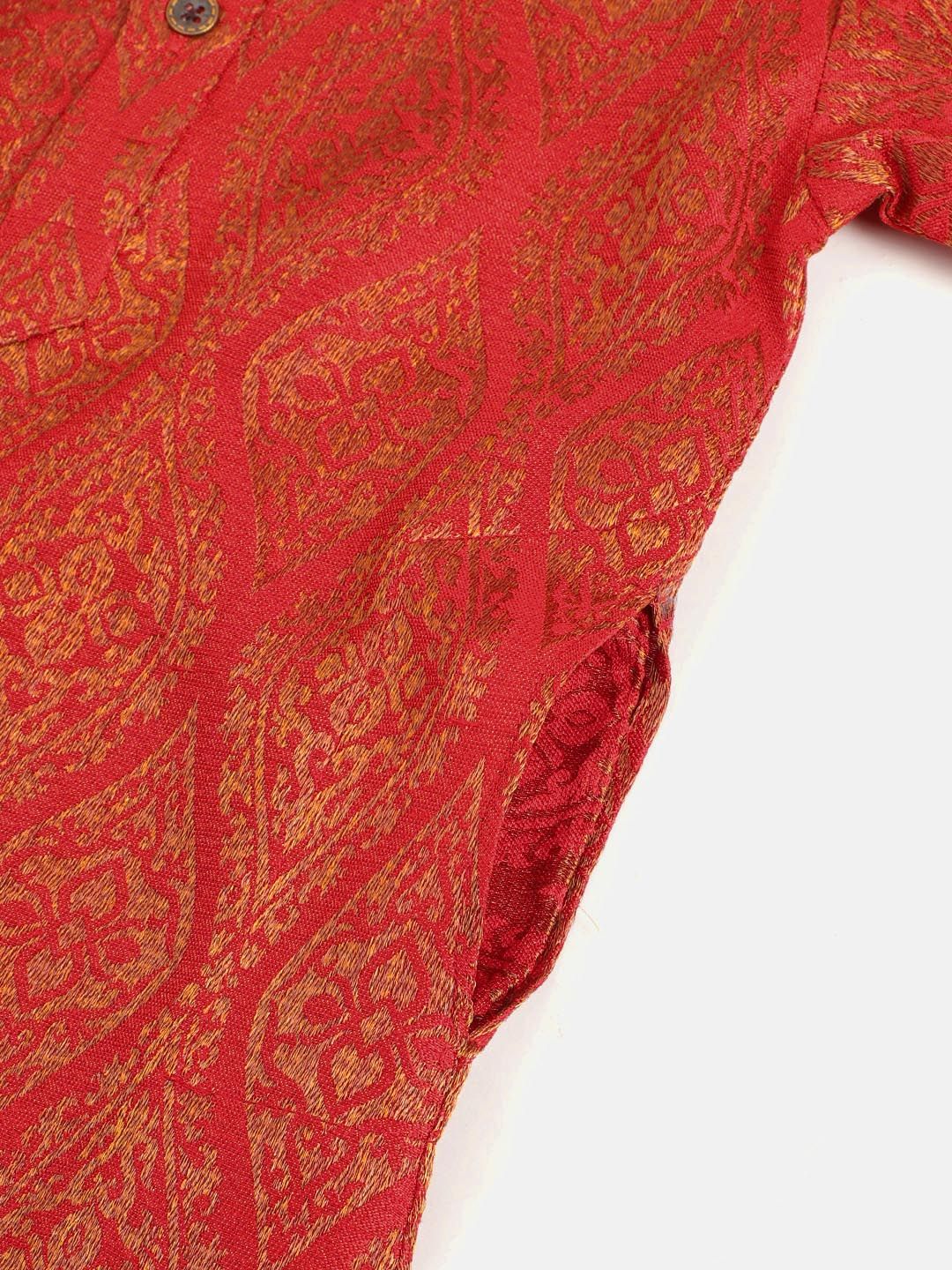 SOJANYA Boys Red & Brown Ethnic Motifs Woven Design Jacquard Weave Band Collar Kurta