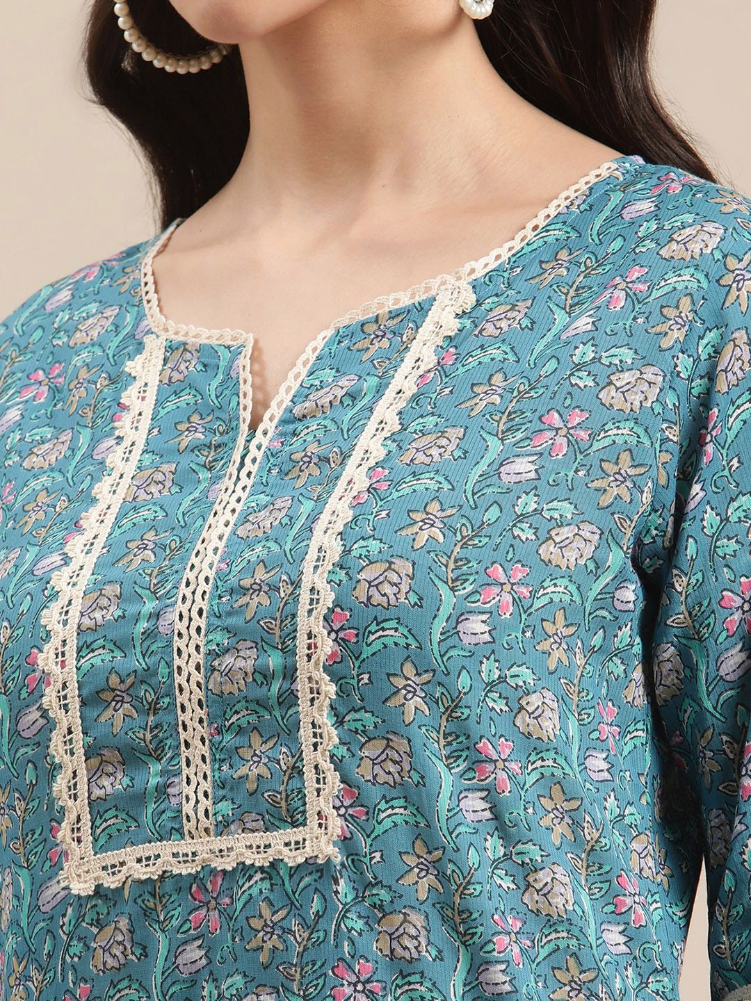 Varanga Women Blue Jaipuri Floral Print Pure Cotton Lace Detailed Kurta