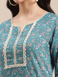 Varanga Women Blue Jaipuri Floral Print Pure Cotton Lace Detailed Kurta