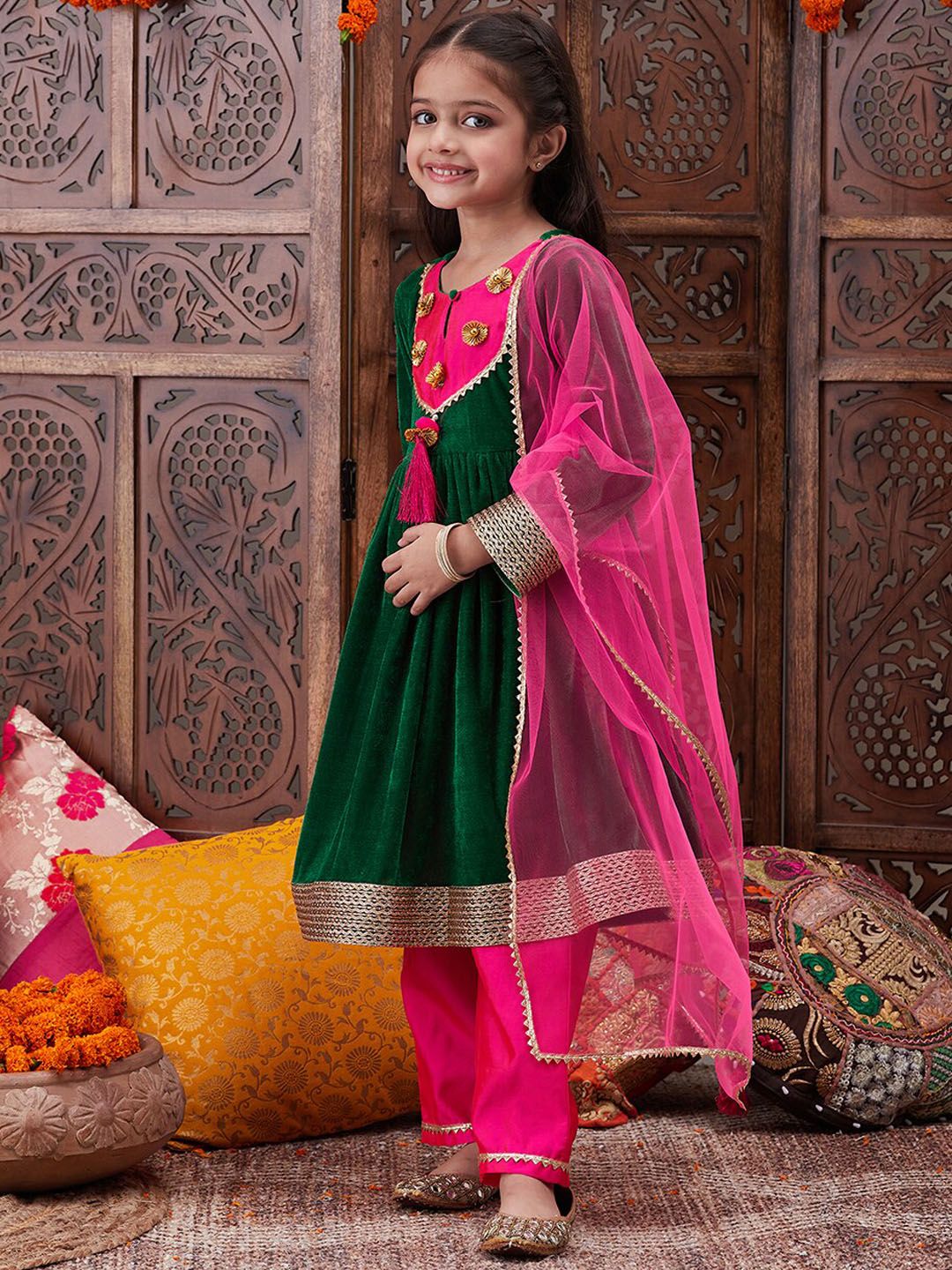 pspeaches Girls Ethnic Motifs Yoke Design Gotta Patti A-Line Kurta With Trouser & Dupatta