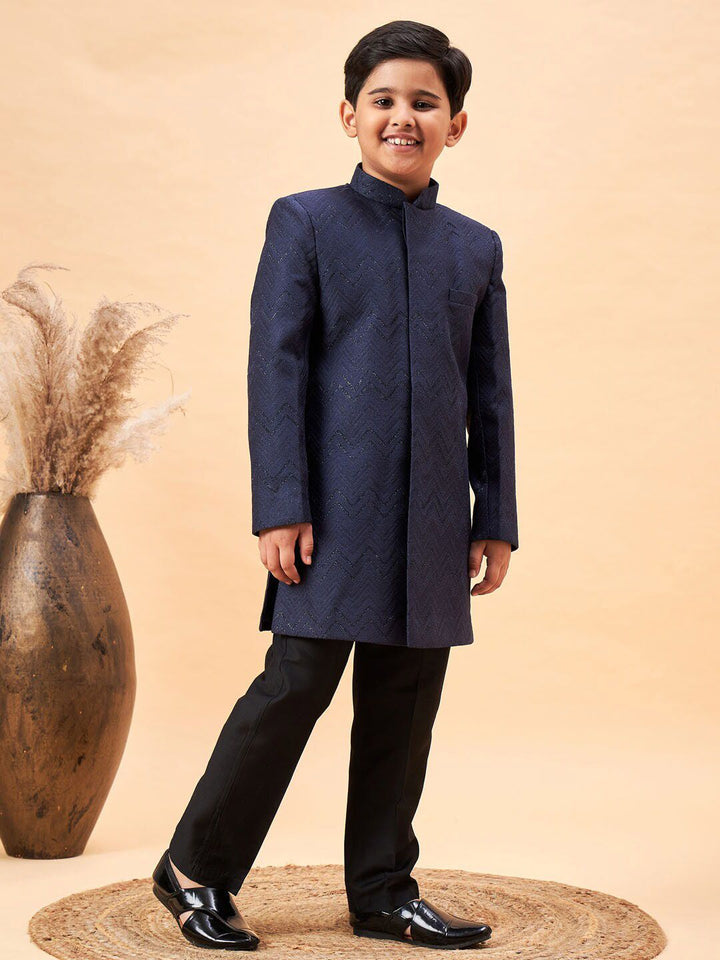VASTRAMAY Boys Self Design Mandarin Collar Glitter Indo Western Sherwani Set