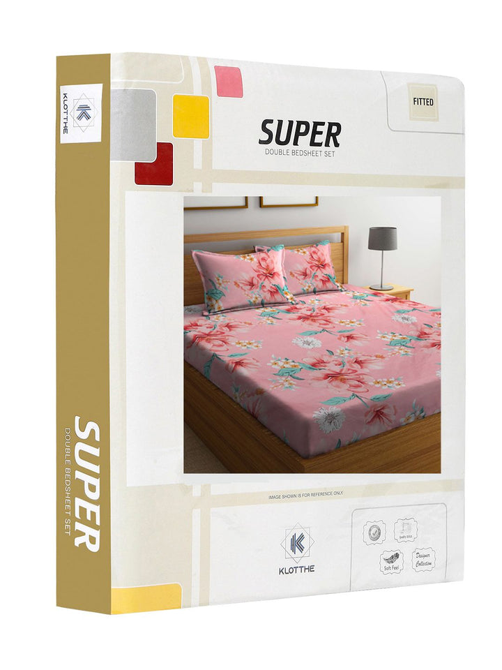 KLOTTHE Cadar King Bercetak 300TC Bercetak Bunga Merah Jambu & Hijau Dengan Sarung Bantal