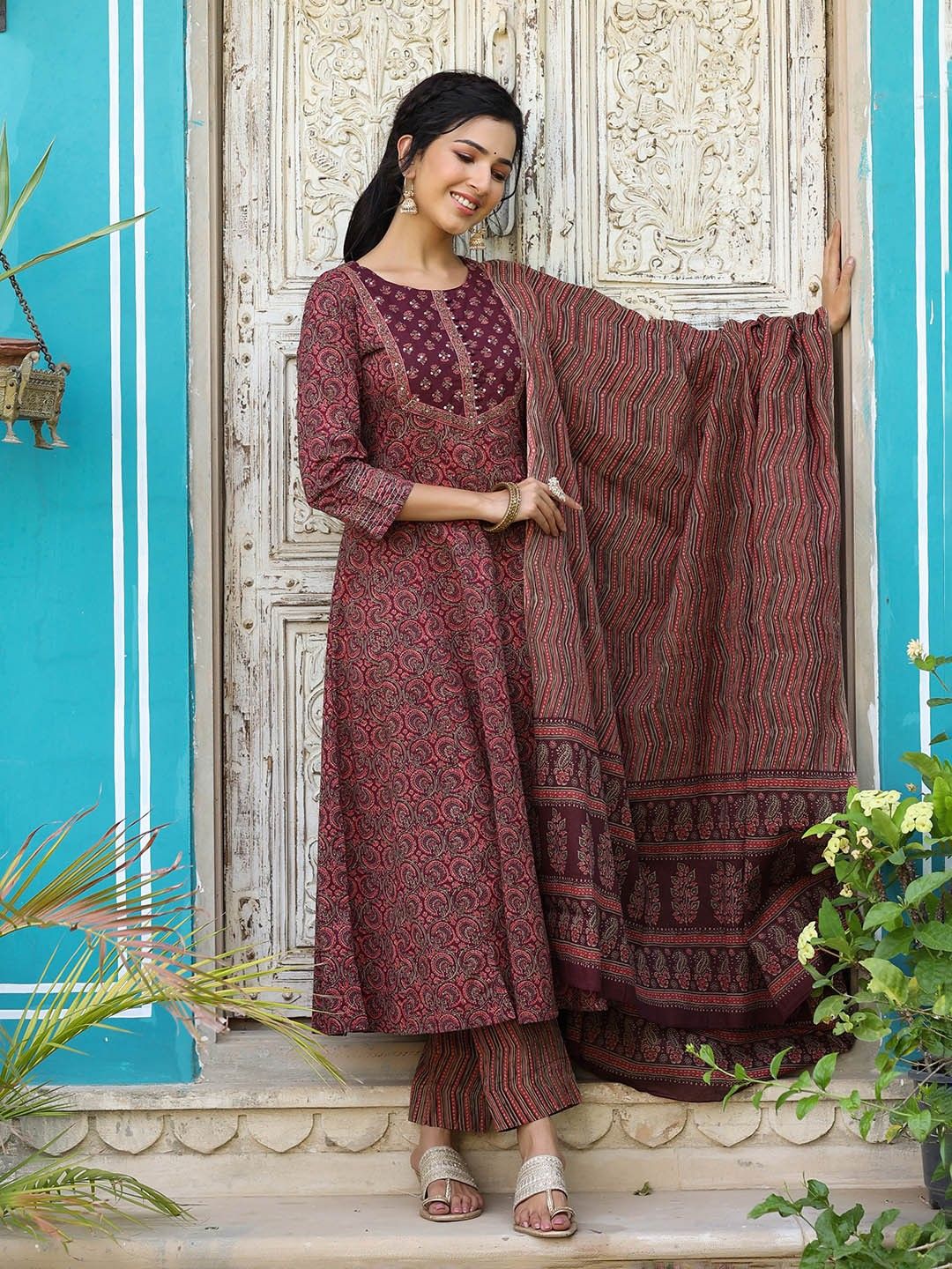 KALINI Ethnic Motifs Printed Empire Sequinned Kurta with Trousers & Dupatta