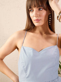 SASSAFRAS Blue Striped Shoulder Strap Cotton Midi Dress