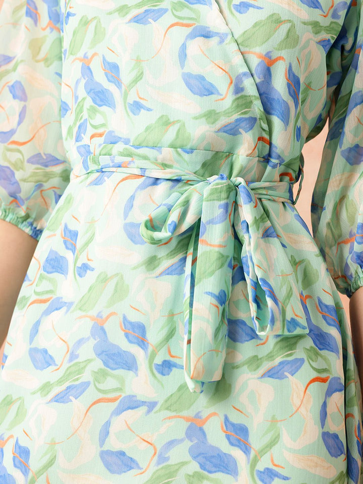 all about you Floral Print Puff Sleeves Wrap-Style A-Line Dress