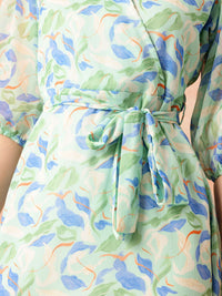 all about you Floral Print Puff Sleeves Wrap-Style A-Line Dress