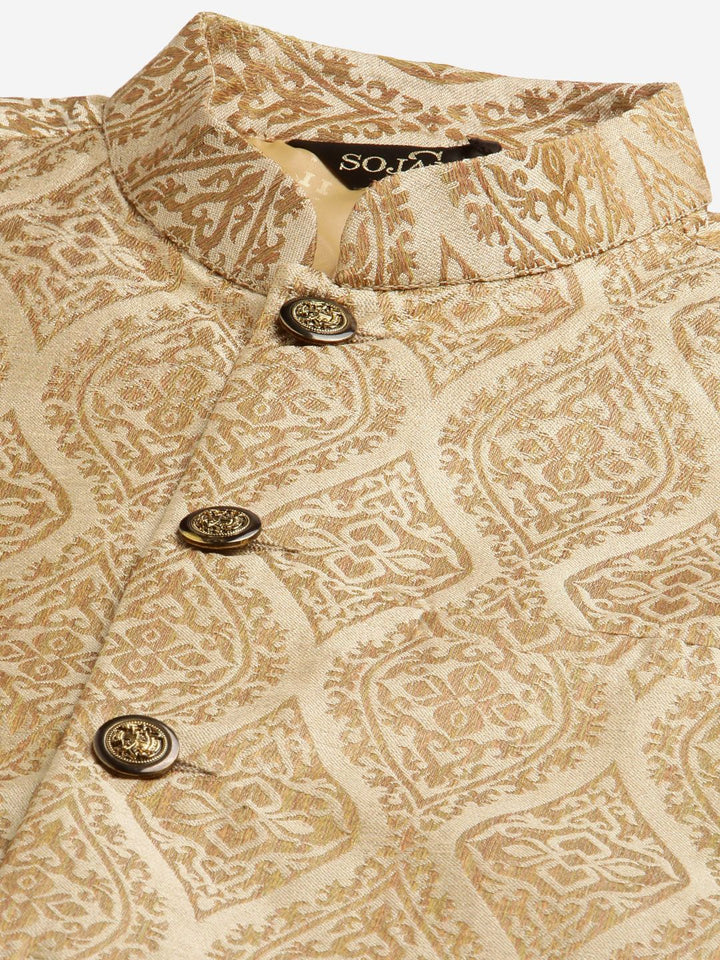 SOJANYA Kurta Motif Etnik Biru Teal & Beige Lelaki dengan Jaket Churidar & Nehru