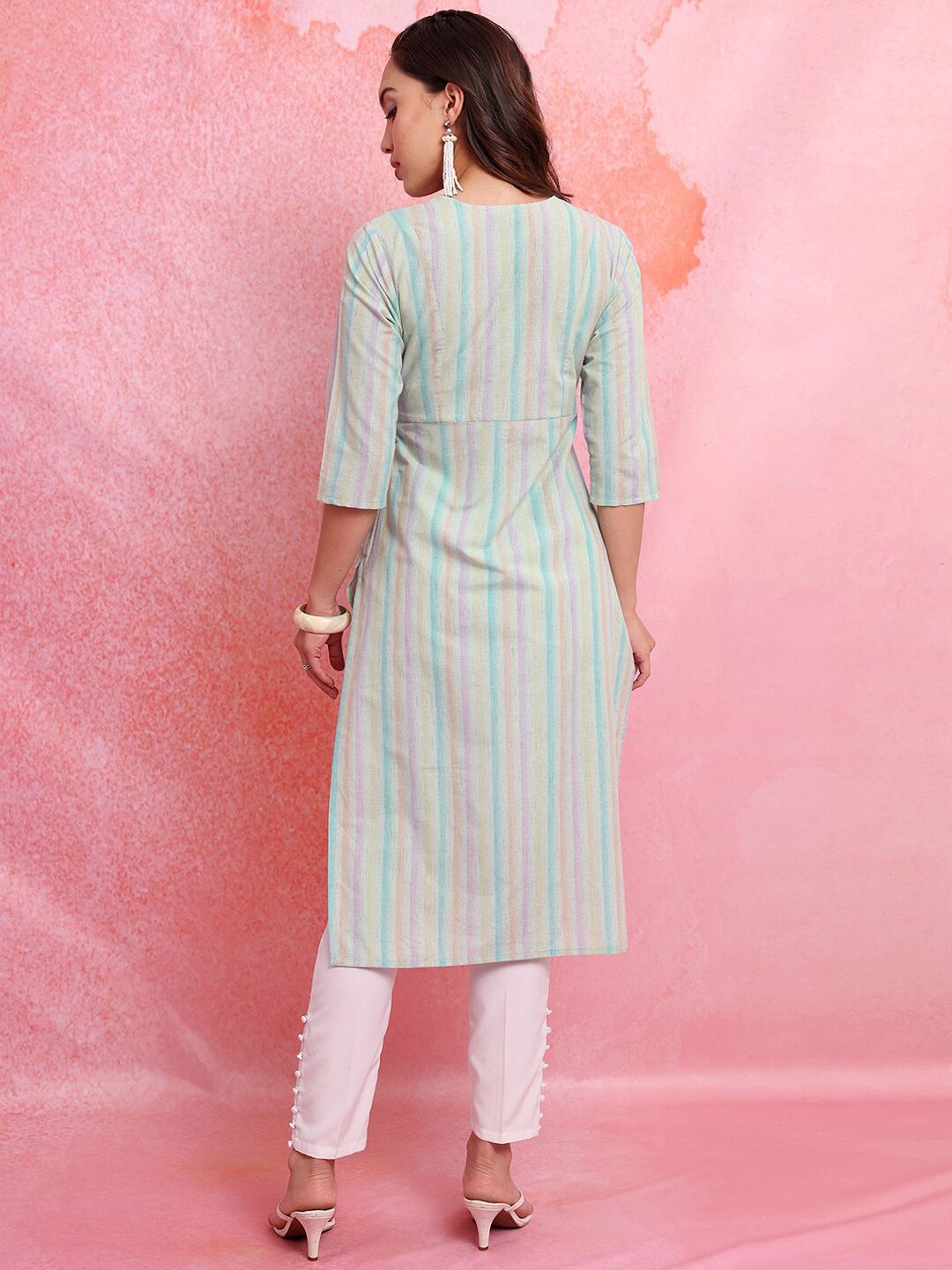 Vishudh Blue Striped V-Neck Tiga Lengan Lengan Kurta Kurta