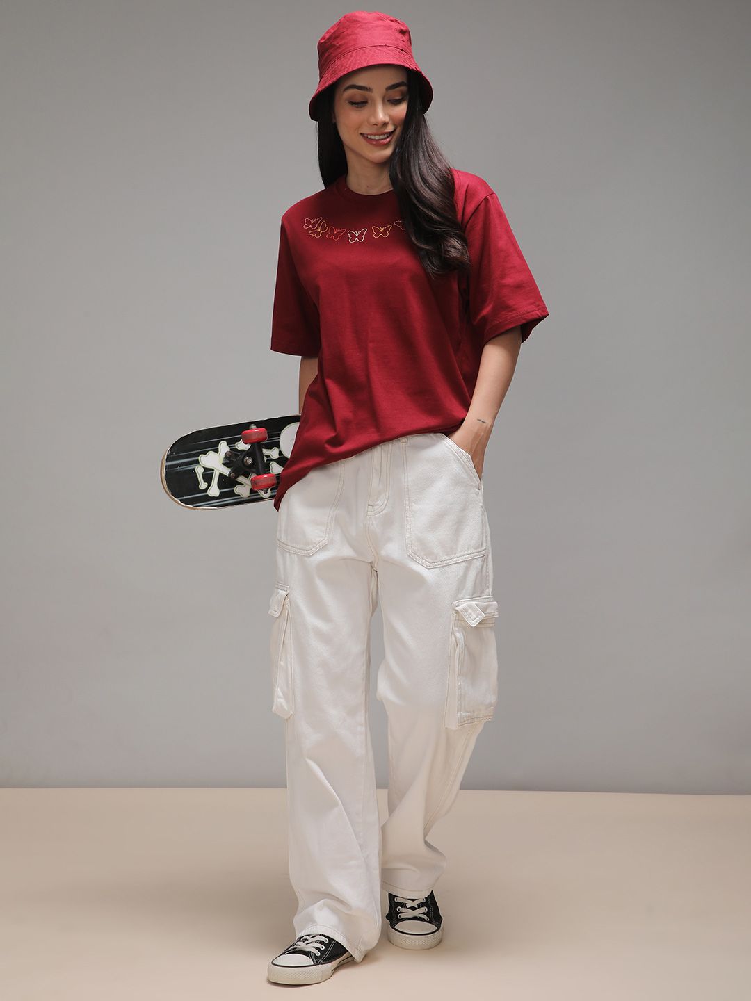 DILLINGER Women Short Sleeve Oversized Crew Neck Embroidery Tshirt