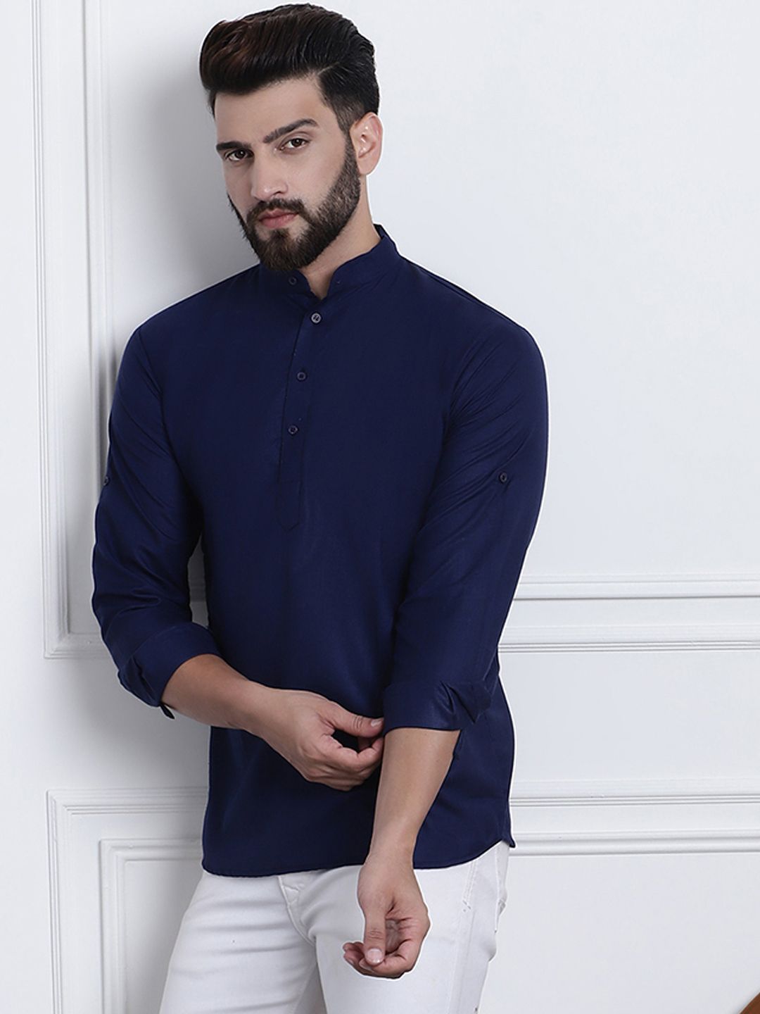 Anug by SOJANYA Men Navy Blue Mandarin Collar Kurta