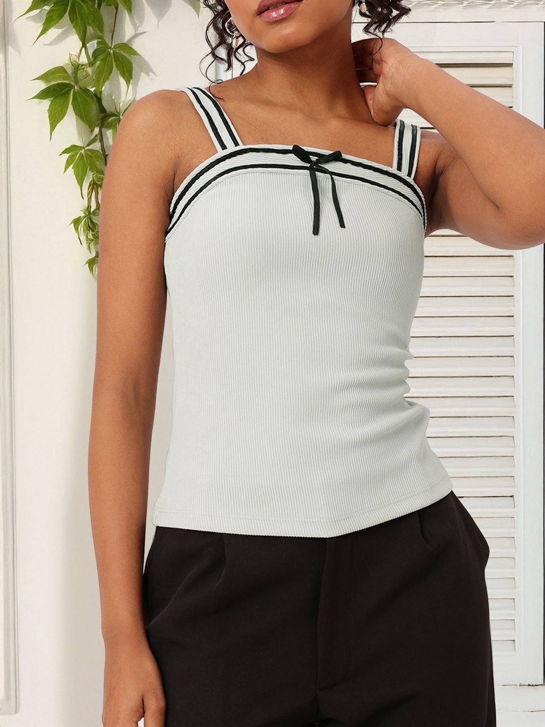DressBerry Soft Girl Aesthetic Bow Detailed Ribbed Top