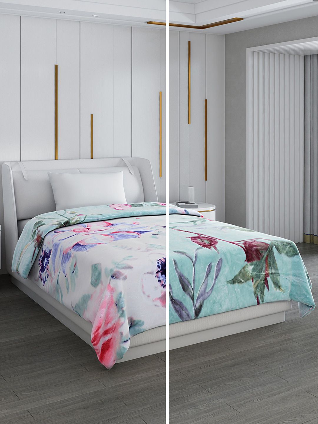 Monte Carlo Blue & Pink Floral Printed Mild Winter Single Bed Blanket