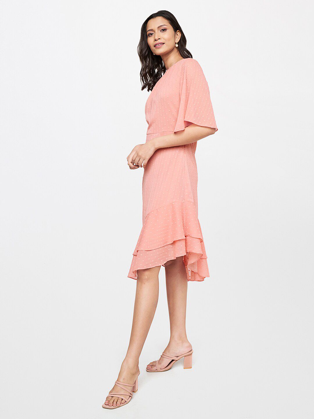 AND Peach-Coloured Dobby A-Line Dress