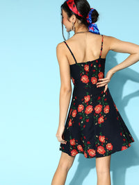 Berrylush Navy Blue & Red Floral Print Crepe A-Line Dress