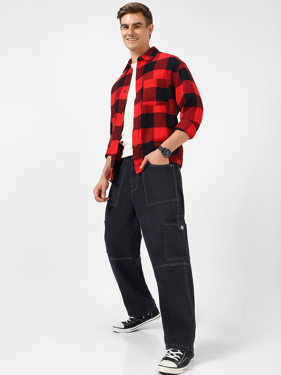 Urbano Fashion Men Loose Baggy Fit Washed Cargo Jeans with 6 Pockets Non-Stretchable