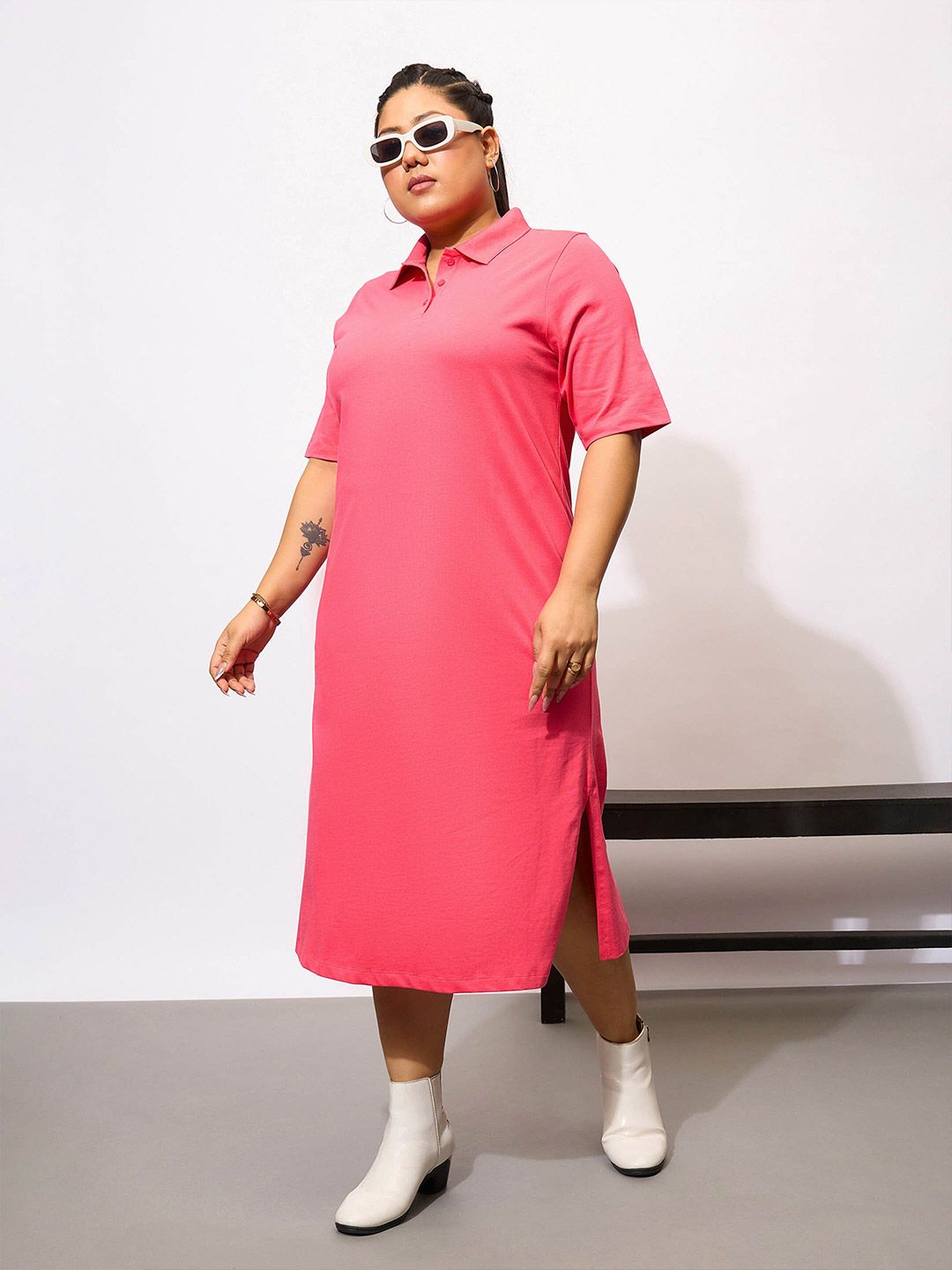 SASSAFRAS Curve Plus Size Polo Neck T Shirt Pure Cotton Midi Dress