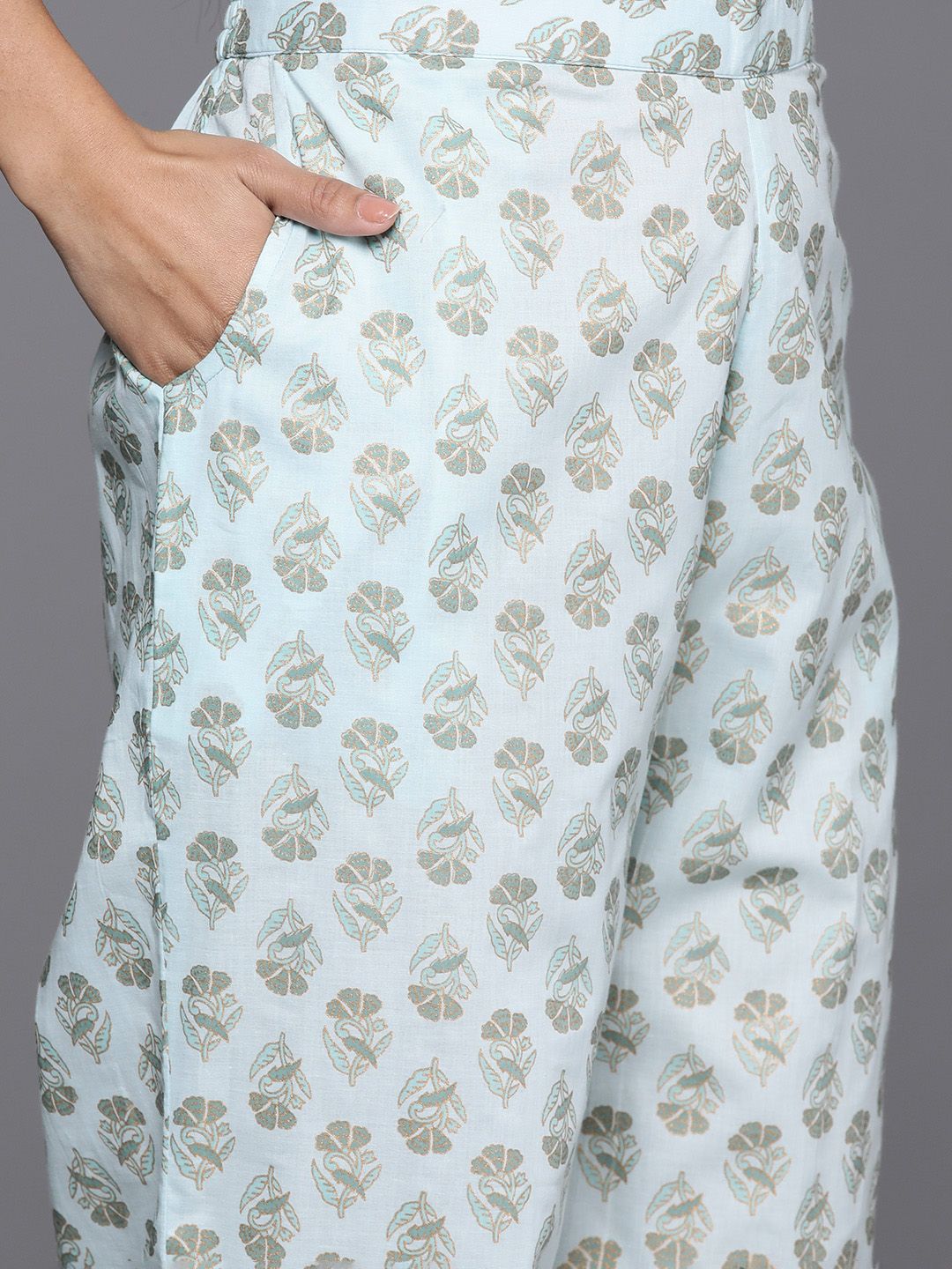 Libas Floral Printed Pleated Gotta Patti Pure Cotton Kurta with Palazzos & Dupatta